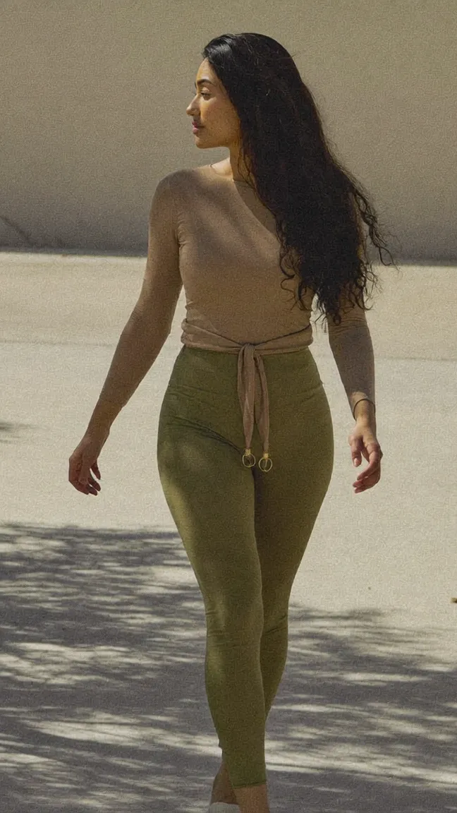 Mujer camina con leggings oliva en una plaza de concreto con sombras de olivo